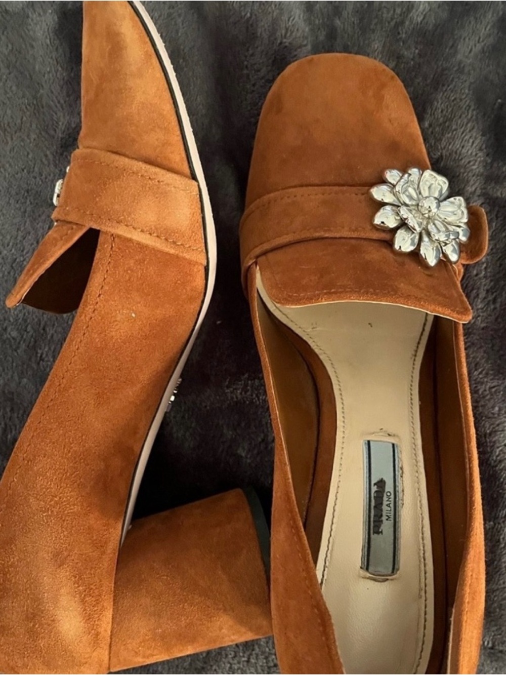 Prada Suede Loafers with Crystal Floral Brooch in Rust - Picture 6 of 7